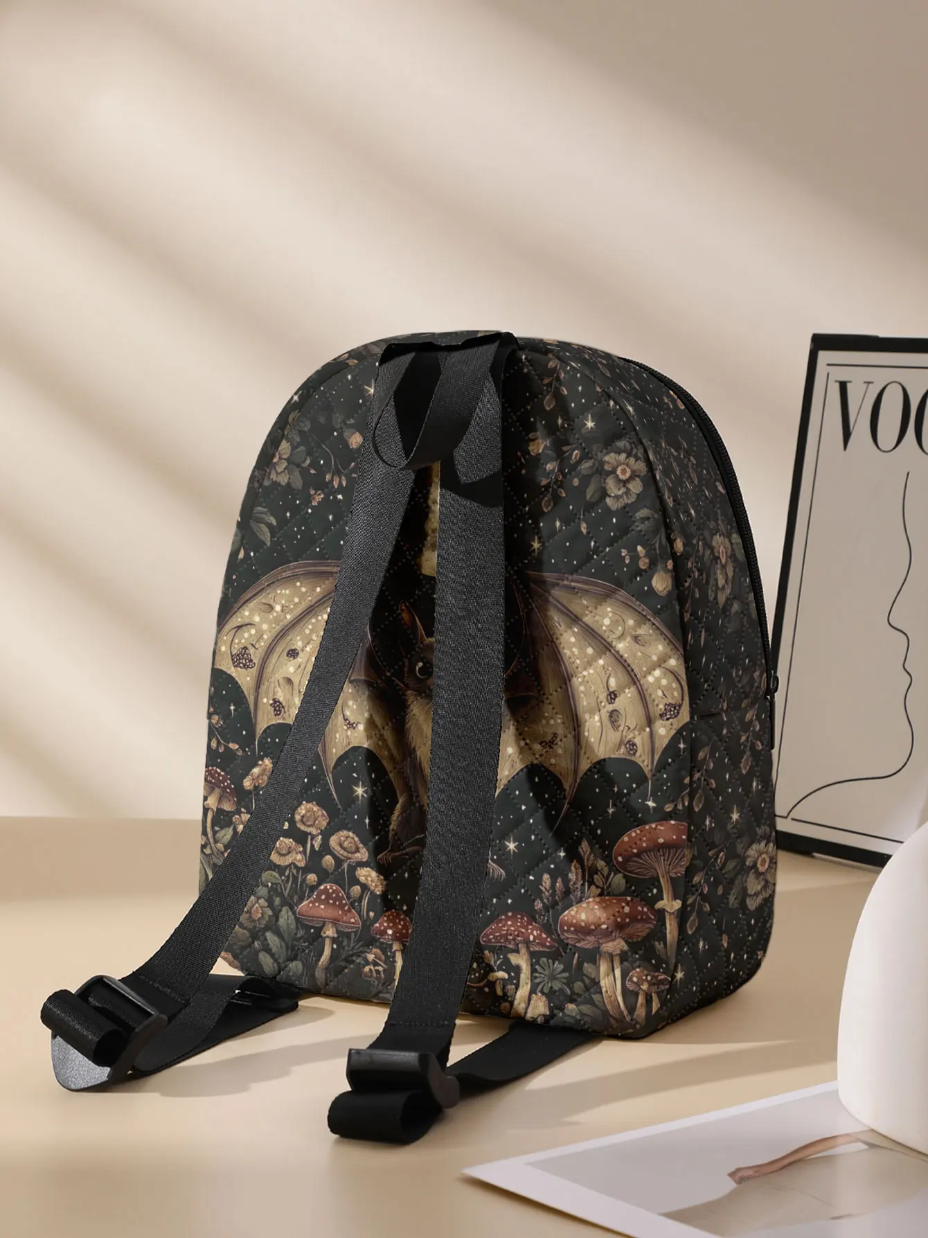 Bat Moon Mushroom Floral Print Quilted Compact Backpack, Suitable For Outdoor, Travel, Campus, Unisex For Men And Women Daily Us view 2