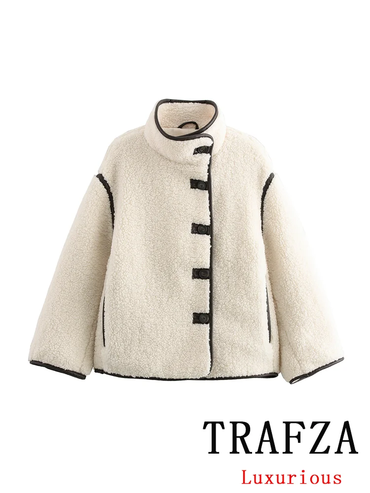 TRAFZA Vintage Casual Chic White Women Jackets Solid Stand Collar Long Sleeve Warm Coat New Fashion 2024 Autumn Winter Outwear