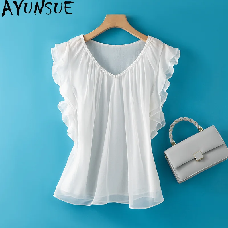 

AYUNSUE 100% шелковые женские блузки и рубашки, однотонные топы с V-образным вырезом и бисером для женщин, стильная летняя блузка, женская одежда Ropa Mujer
