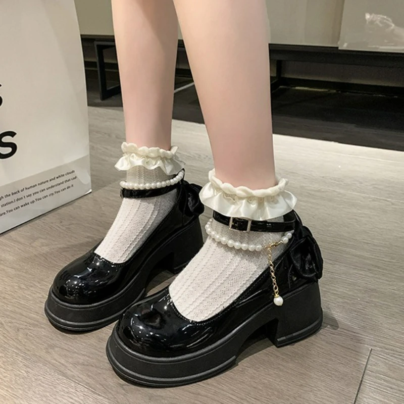 أحذية نسائية بإبزيم لؤلؤي أحذية ماري جين بمقدمة مستديرة أحذية كاجوال ضحلة بفيونكة عصرية بكعب عالٍ حذاء جلدي ذو نعل سميك #1