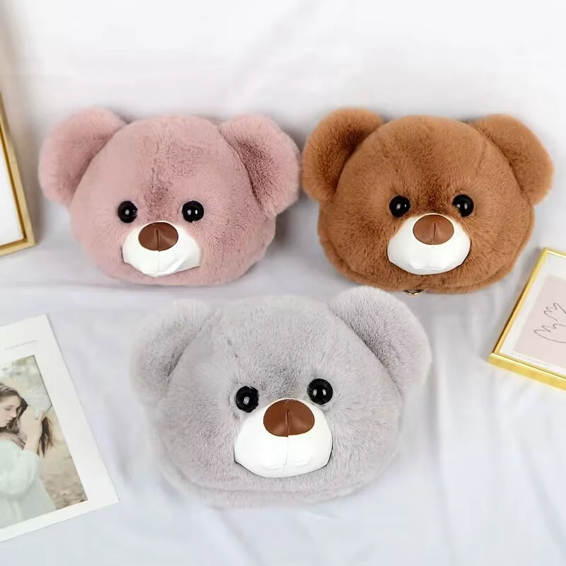 Cute Plush Big head bear shoulder bag Fluffy Handbag Casual  fashion student chain messenger bag Girls Party Gift