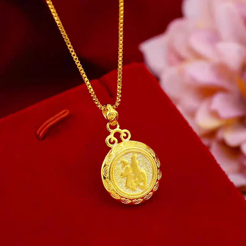 

Unisex 24K Gold (AU999) Double-Sided Blessings Disk Pendant | Double-sided carving, hammered brocade with titanium chain