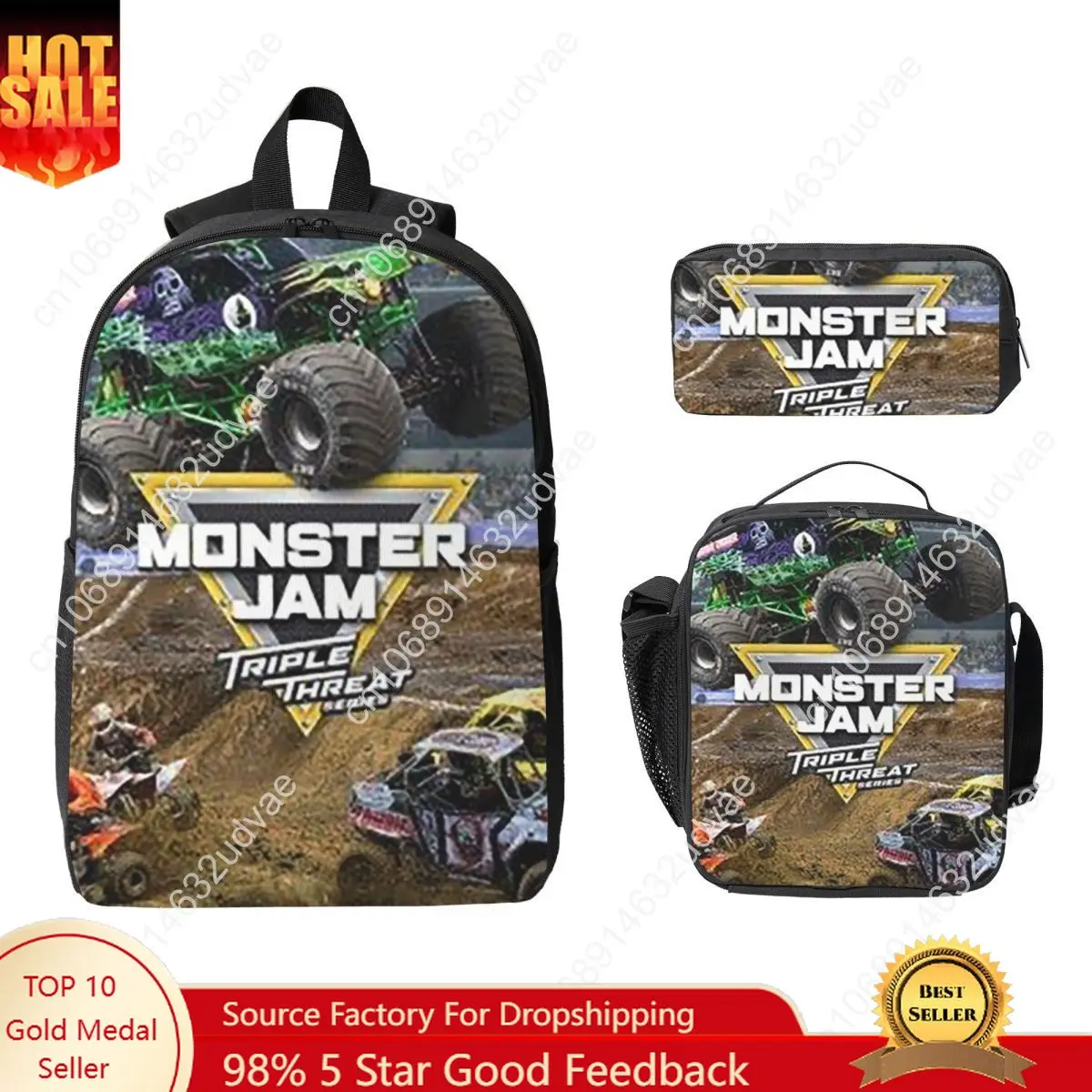 

Classic Monster Jam Truck Pattern Backpack BookBag School Bag Computer Shoulder Bags 3ps Insulated Lunch Bag Pencil Case