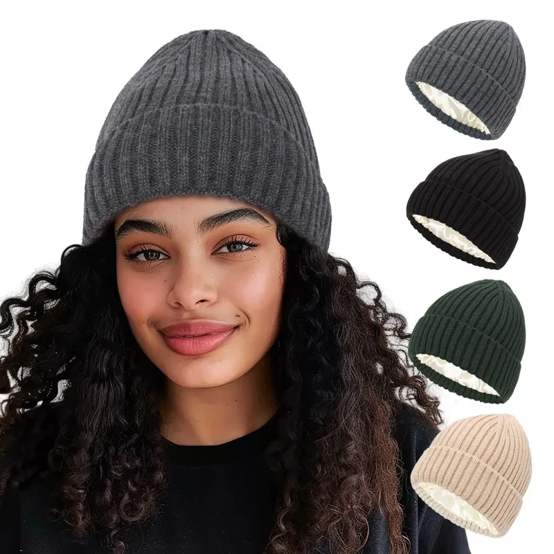 Knitted Beanie Hat Warm Protective Headwear with Satin Design for Men Women Parent Child Autumn Winter Daily Wear