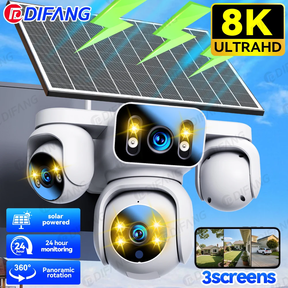 

4G Solar Security Camera 8K 15MP, 3 Lens PTZ with 16X Zoom & 3 Screen Display, Wireless Outdoor CCTV for Home Surveillance