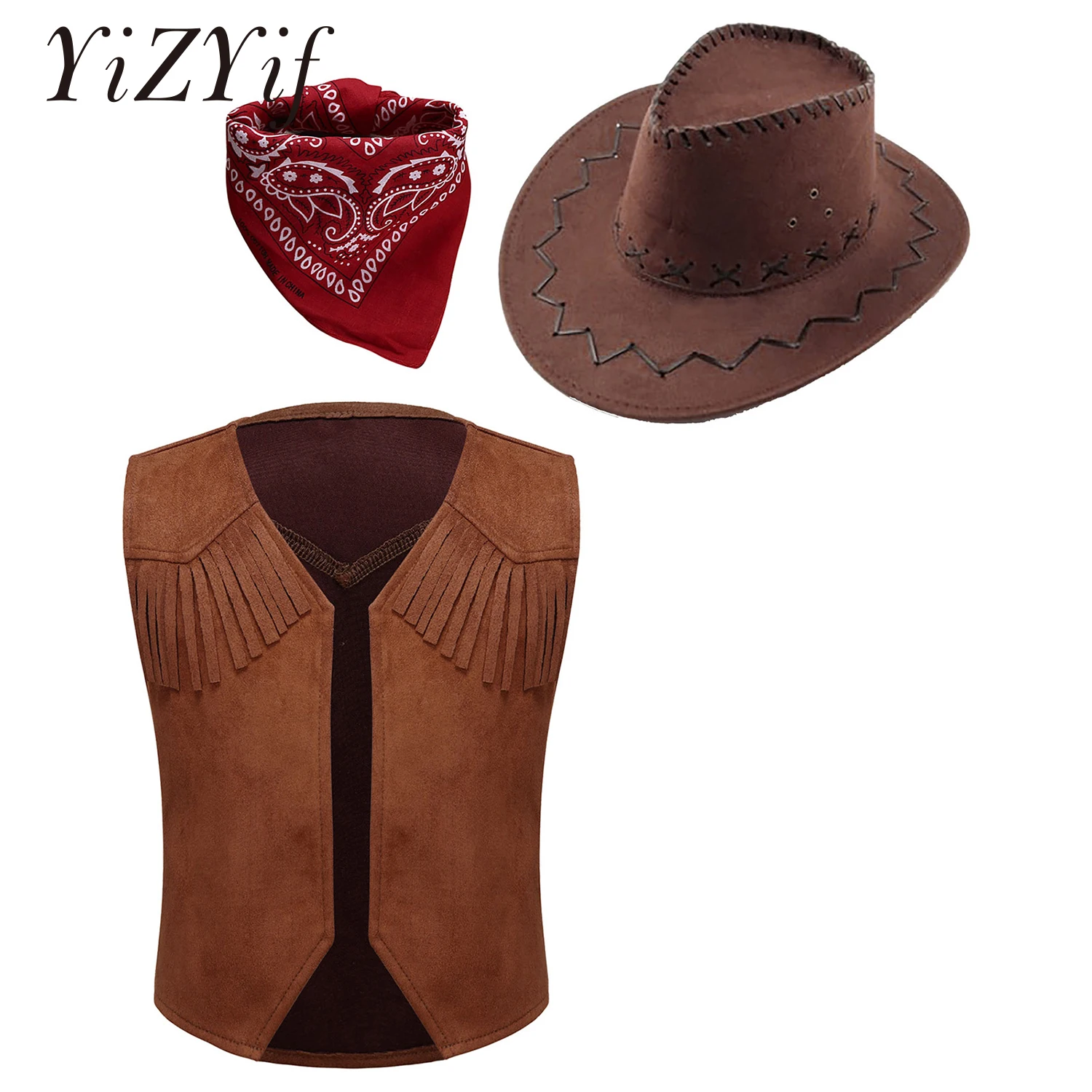 Costume de Cowboy occidental pour enfants garçons, gilet et chapeau en feutre avec foulard bandana, ensemble d'accessoires pour déguisement de fête Cosplay d'halloween