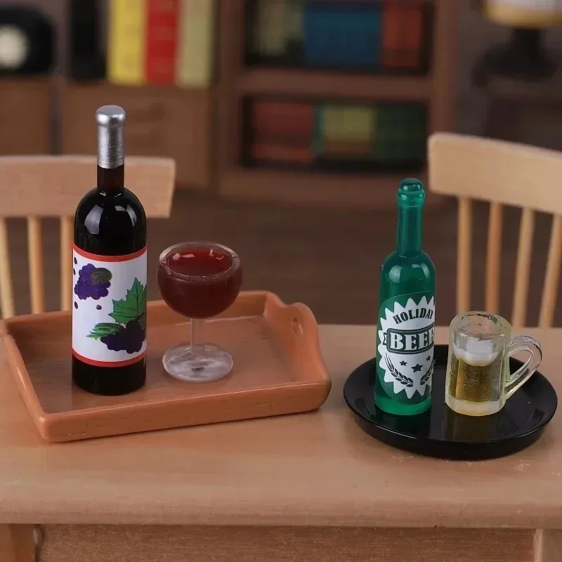 1/12 Scale Dollhouse Mini Red Wine Bottle & Beer Cup Simulated Model Tabletop Scene DIY Accessories