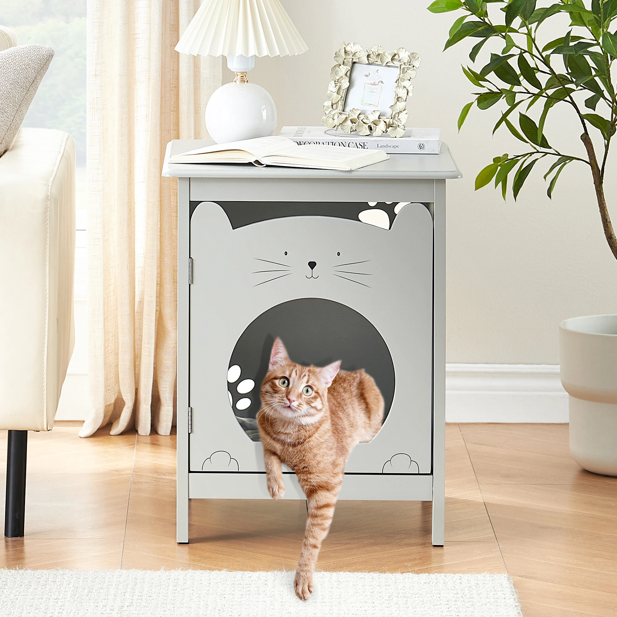 Cat Litter Box Enclosure, Hidden Kitty Litter Cat House & Side Table, Cat Box Cabinet with Vent Holes, Wooden Cabinet for Cats