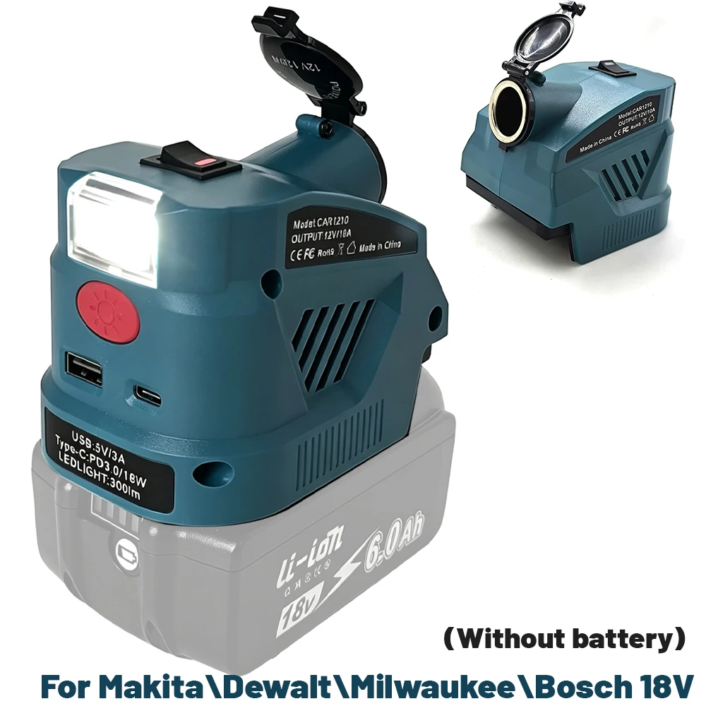 12V Car Cigarette Lighter Adapter For Makita\Dewalt\Milwaukee\Bosch 18V Battery, with LED Light For Car Fridge Outdoor Campi