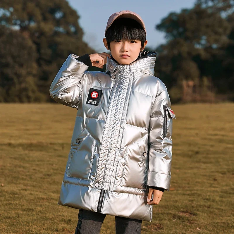 Girls Kids Boys Long Loose White Duck Thickened Down Black,Blue Baby Coat, Teenagers Hooded Padded Jacket Clothes Winter