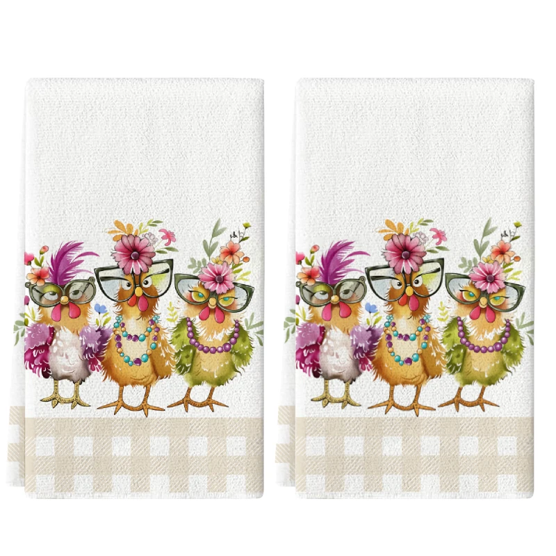 Kitchen towel with chicken with glasses and flowers