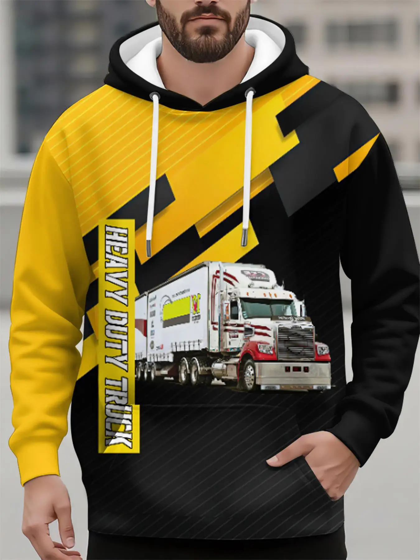 3D Printed Truck Excavator Graphic Men's Hoodies Autumn Vintage Pattern Long Sleeve Sweatshirt Stylish Loose Comfortable Clothes