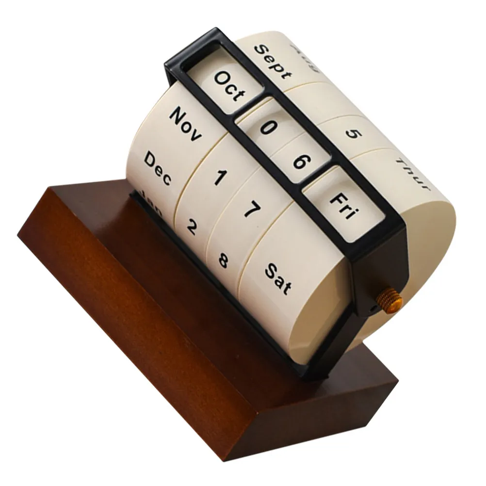 

Rotating Perpetual Calendar Wooden Desk Calendar with Metal Engraved Wheel Manual Date Adjustment for Office Home Classroom