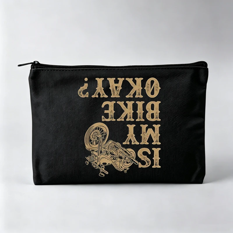 Women's Motorcycle Graphic Makeup Bag with Typography Print, Vintage Style Cosmetic Pouch for Daily Use