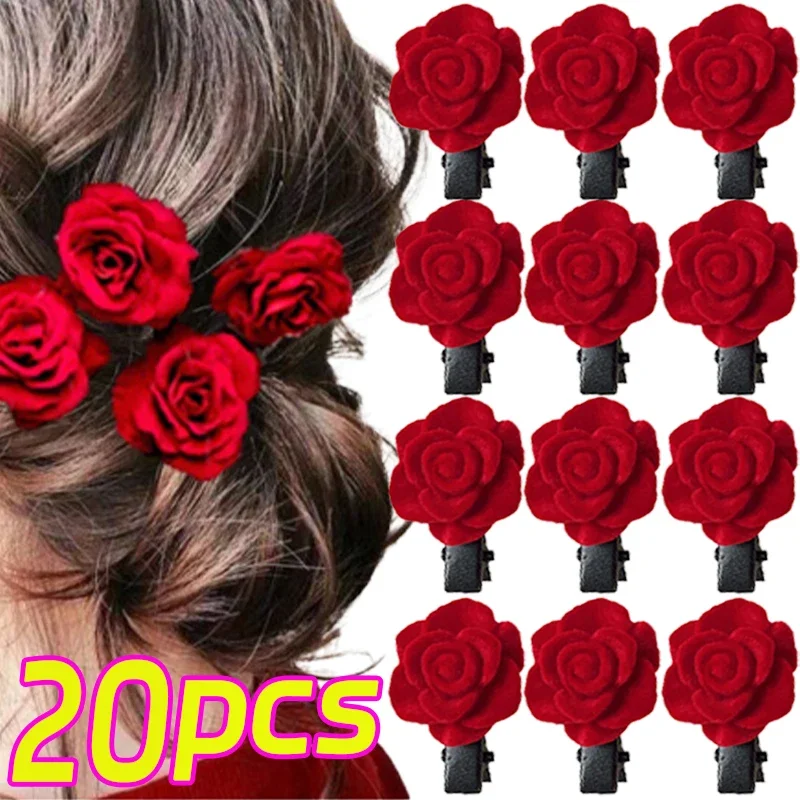 2/20pcs New Red Velvet Rose Hair Clips For Women Korean Flower Hairpins Girls Elegant Hair Clip Pin Barrettes Hair Accessories