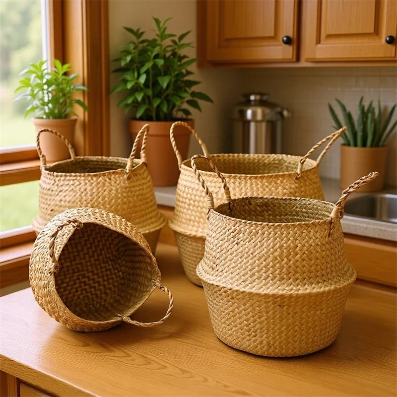 Handwoven Wicker Plant Basket With Handle Foldable Straw Planter Holder Boho Floor Display For Home Table Decor Living Room Gift