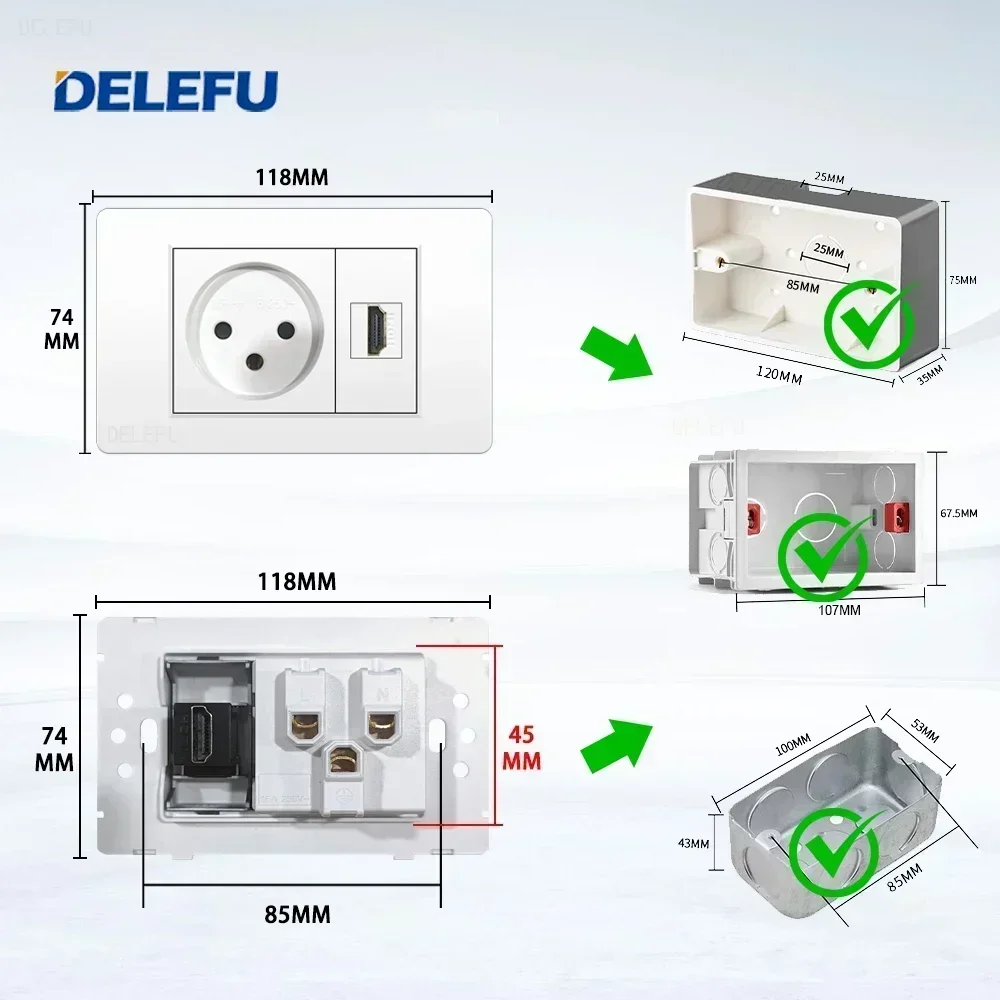 DELEFU Israel Socket DIY Blank Board USB TypeC Doorbell Switch 45A 20A Curtain TEL CAT5 TV HDMI SAT Smart White