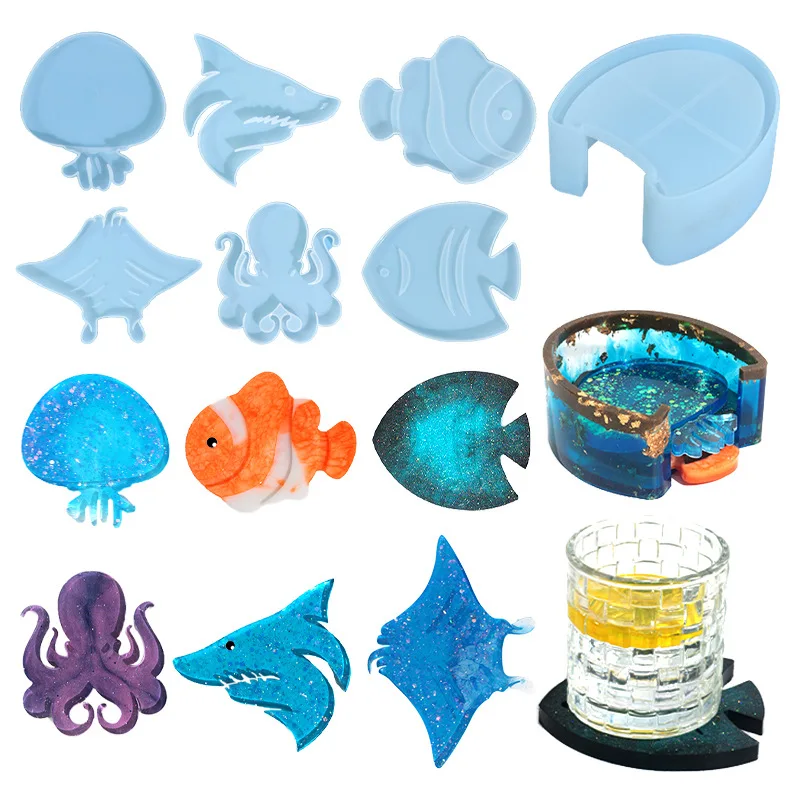 Ocean Animal Tray Coaster Mirror Silicone Mold DIY Crystal Epoxy Resin Mold Clownfish Shark Octopus Coaster Silicone Molds