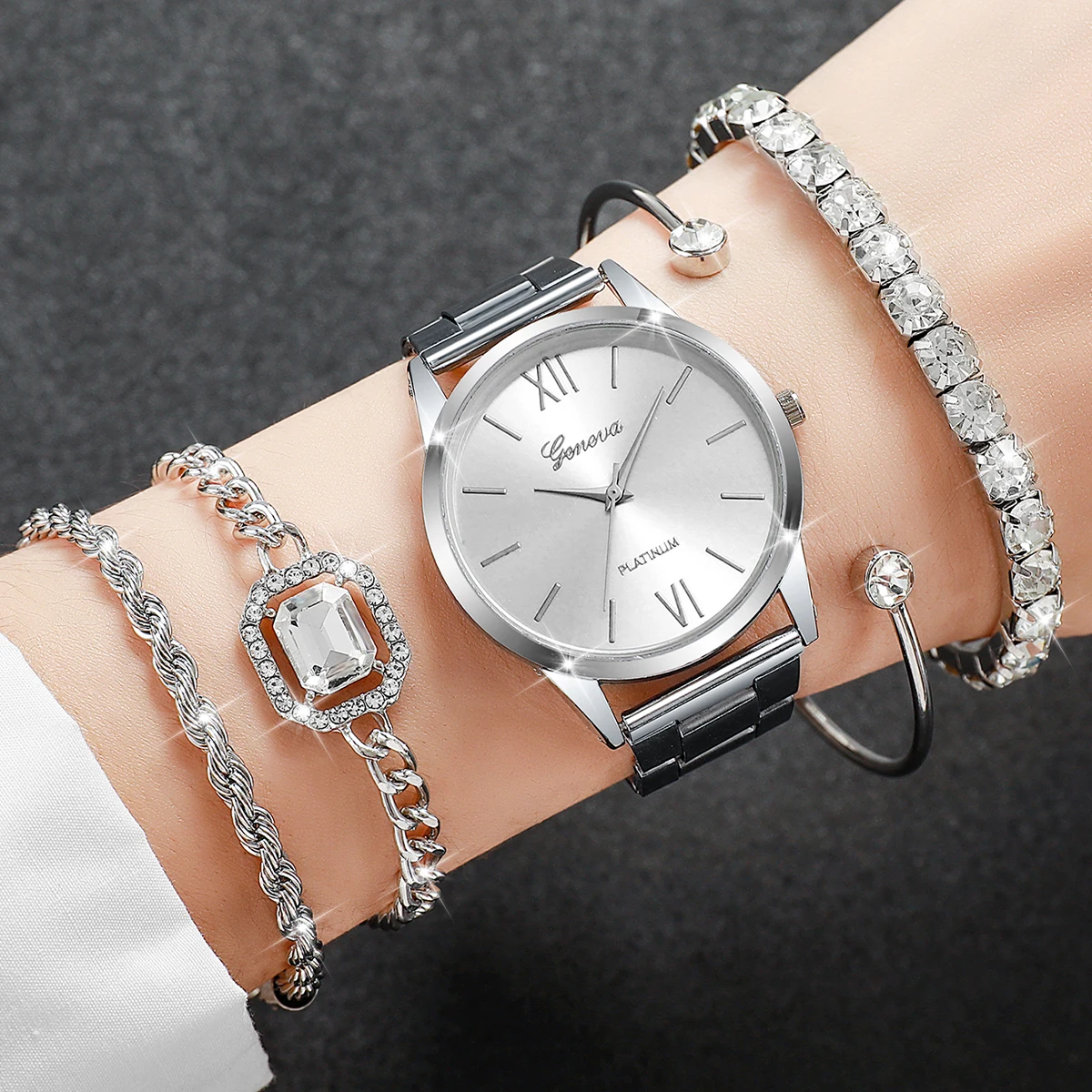 5PCs/Set Women's Luxury Watch Trend Simple Elegant Quartz Analog Watch Inlaid With Diamond Bracelet(Box not included)