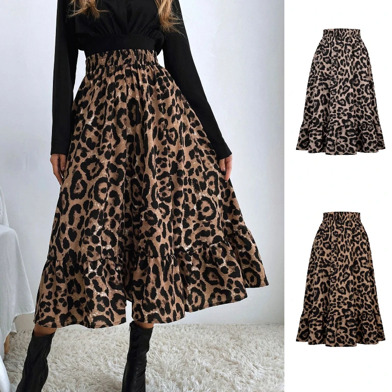 Women\'s Hot Selling Sexy Leopard Print High Waisted Skirt with Loose and Large Swing Long Skirt for Women