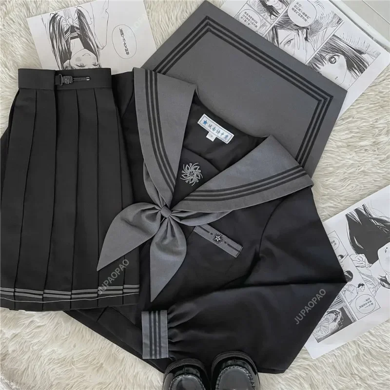 Japanese School Uniform Ins Style Youth Female Student Uniform Black Pleated Skirt Elastic Waist Japanese Female Role-playing-AB