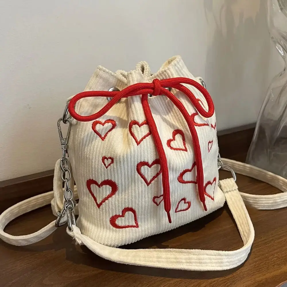 

INS Corduroy Bucket Bags Pleated Design Large Capacity Drawstring Crossbody Bag Knitted Texture with Handles