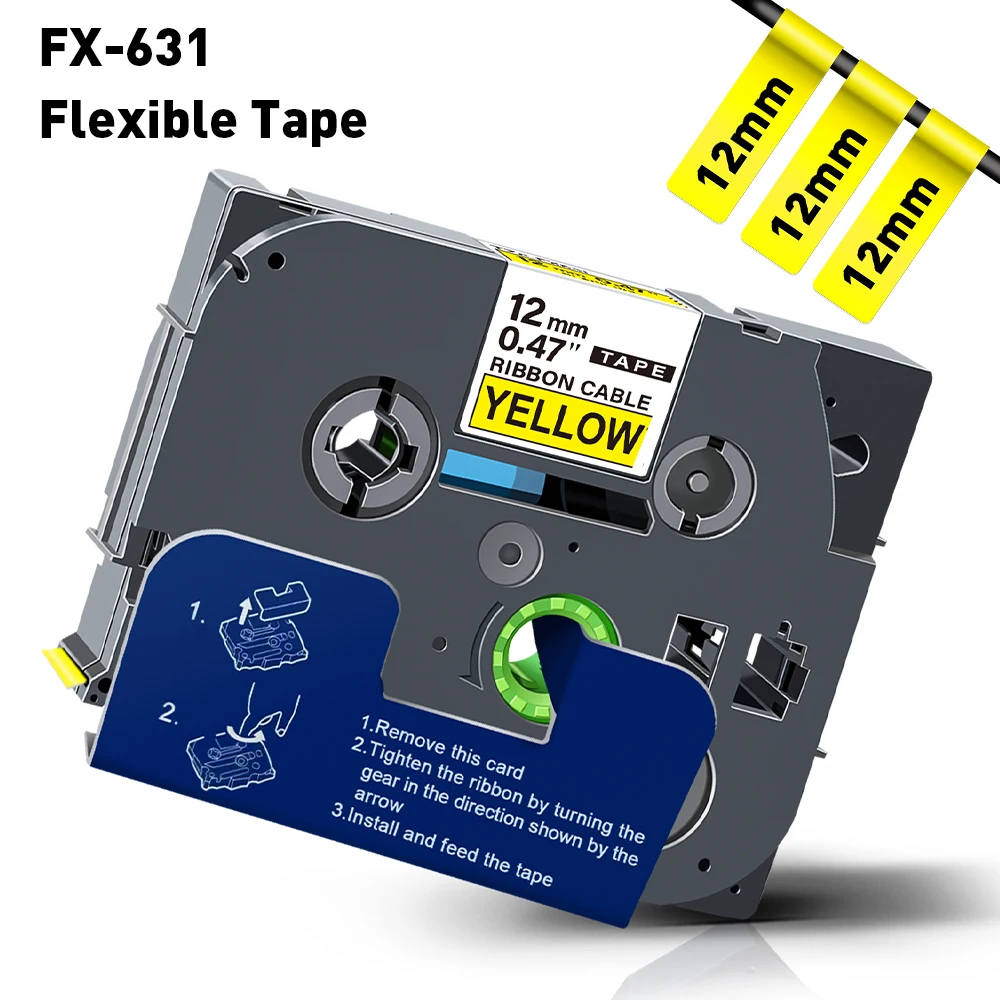 12mm Flexible ID Tape for Brother TZe Label Tape FX631 FX231 TZE231 Yellow Wire Cable Cartridge Fit Brother Labeling Machine