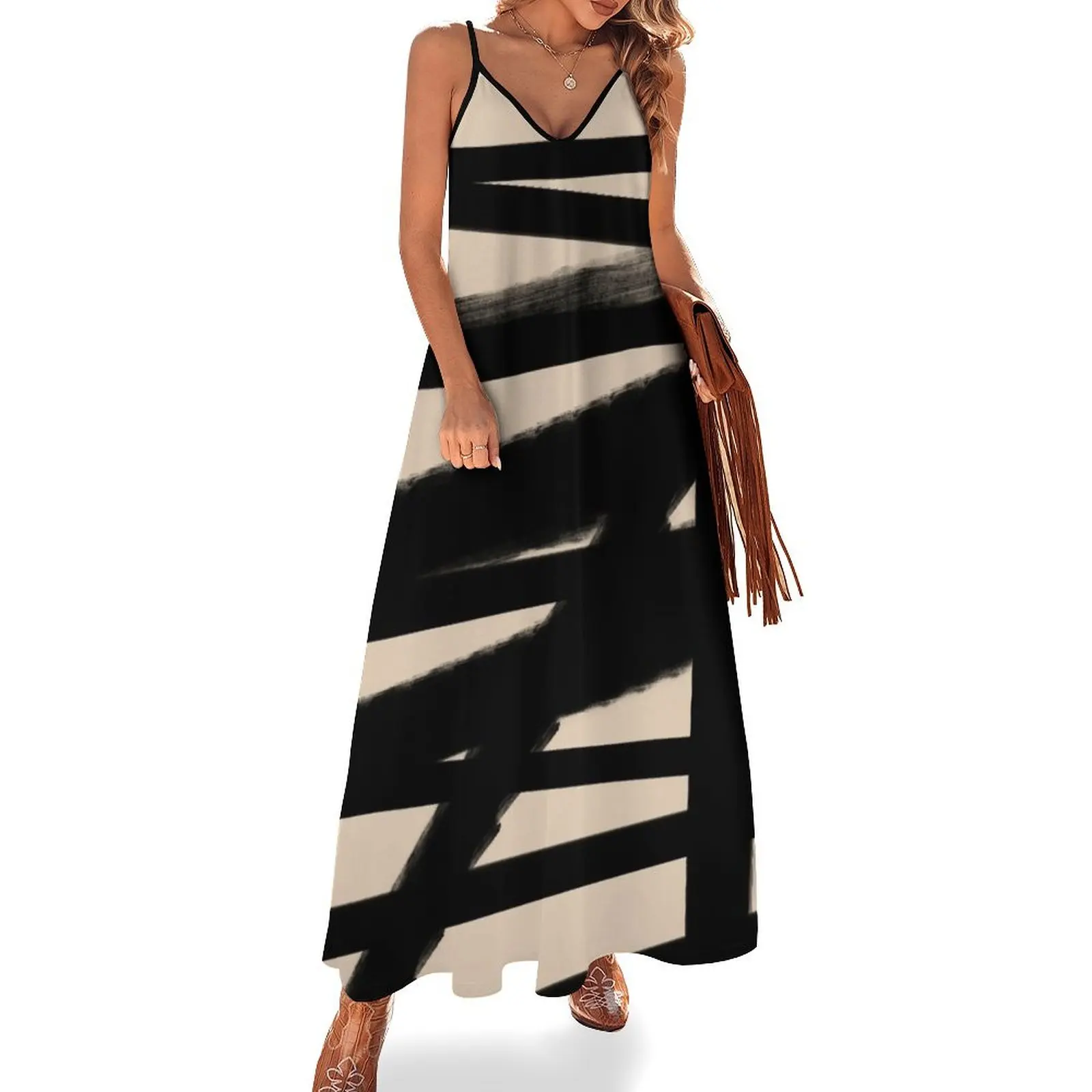 BLACK AND BEIGE Lines Graphic P. Soulages Spirit Sleeveless Long Dress luxury dresses dress party night Clothing Dress