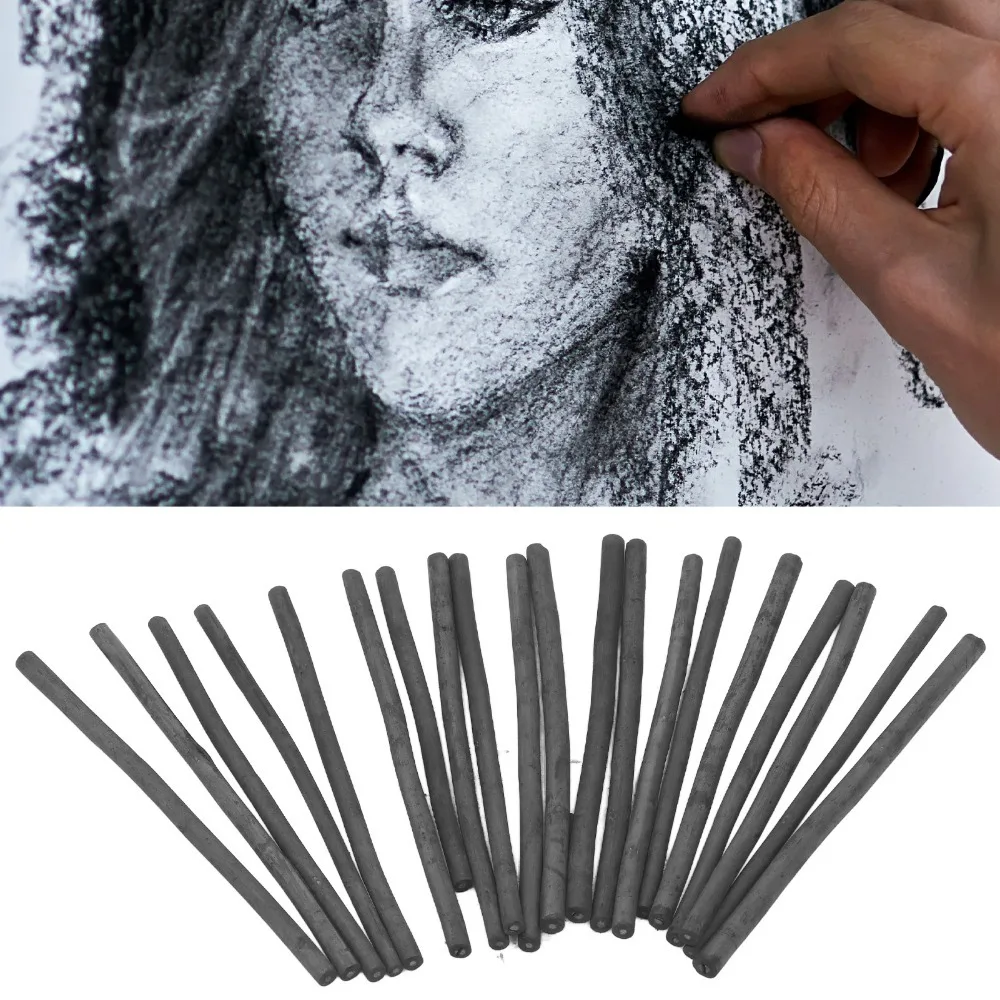 20PCS Bucket Packed Charcoal Sticks Smooth Mark Smudge Friendly Effect Art Drawing Carbon Sticks Soft Textured Rods