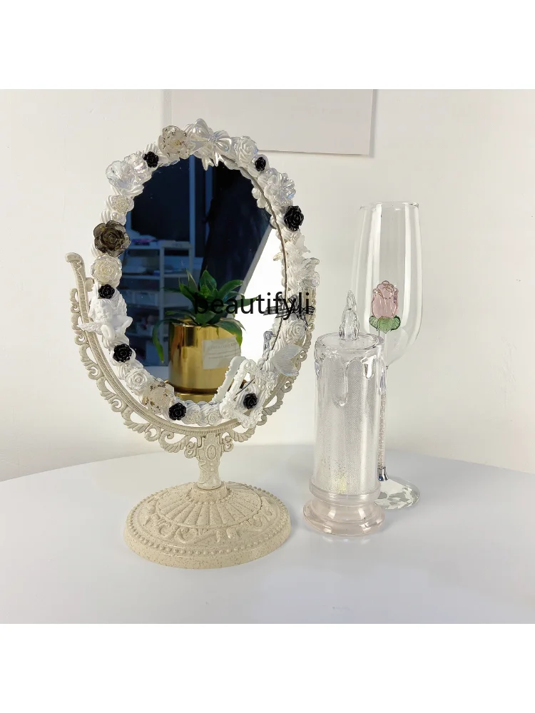 Yj-Retro Makeup Mirror, Desktop, Desktop, Double-Sided, Princess Dressing Mirror, DIY Material