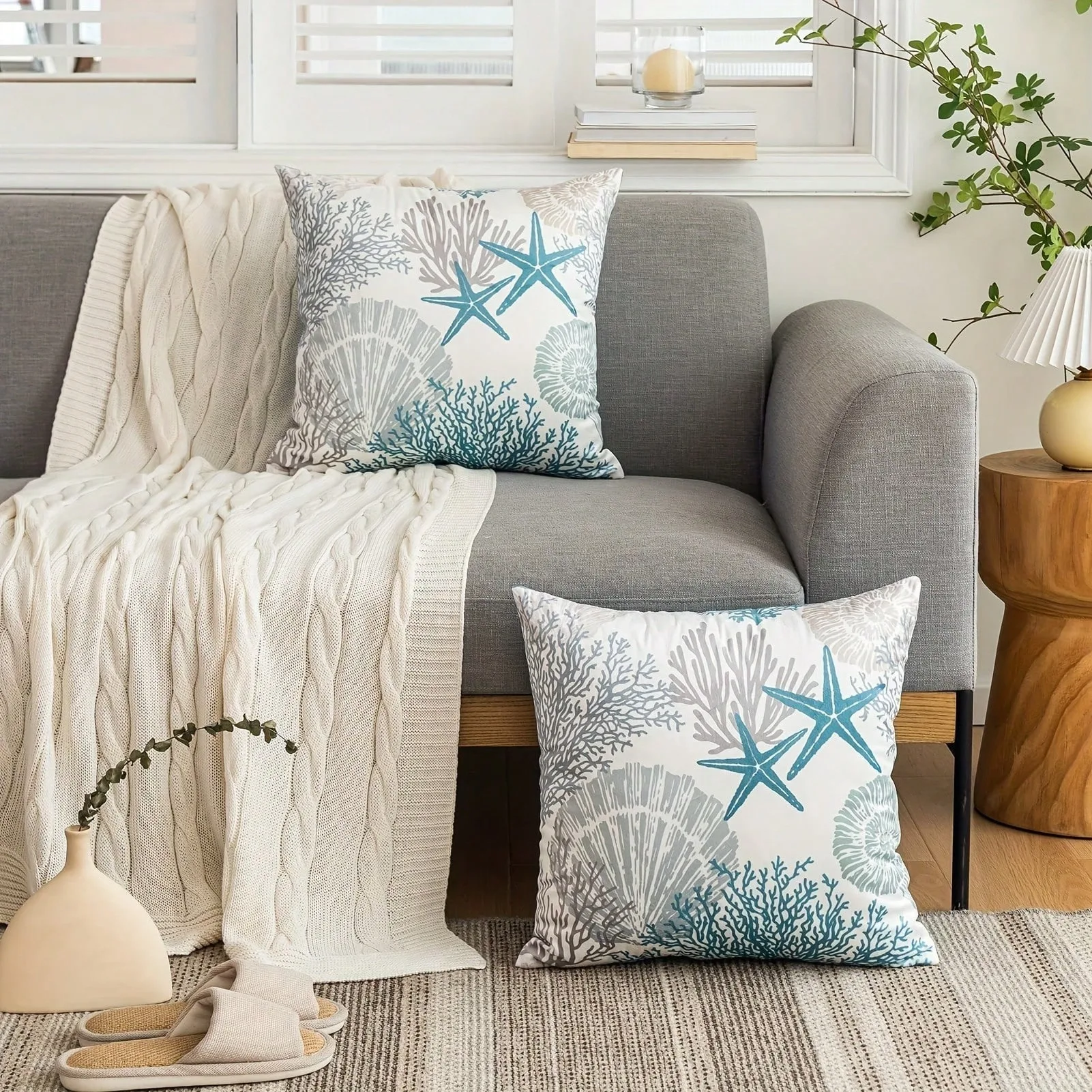 A pair of beach shell coral starfish themed printed cushion covers for bedroom and living room modern decoration pillowcases