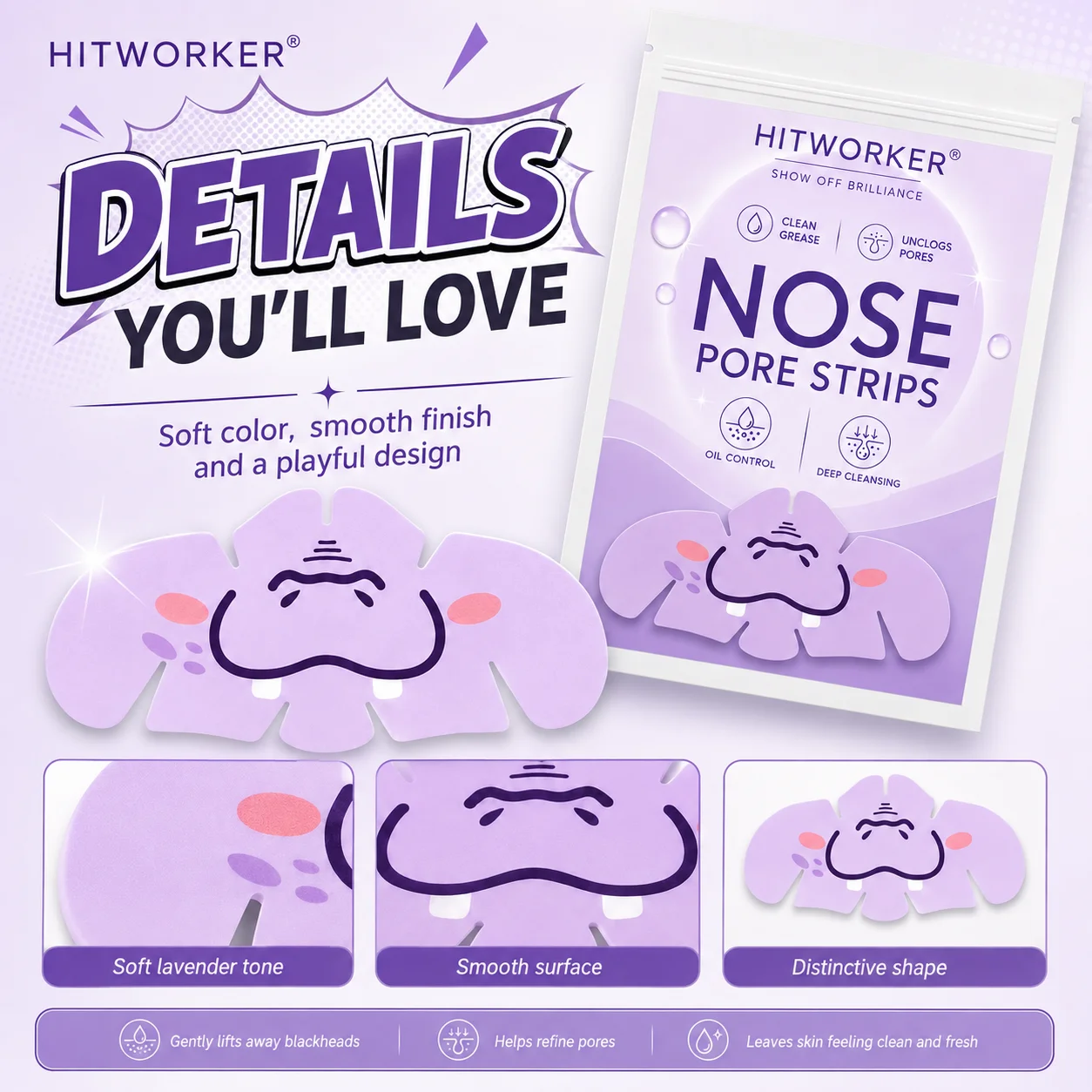 5PCS Cartoon Blackhead Nose Strips, Cute Hippopotamus-Pattern Pore Cleansing Patches with Easy-Peel Design