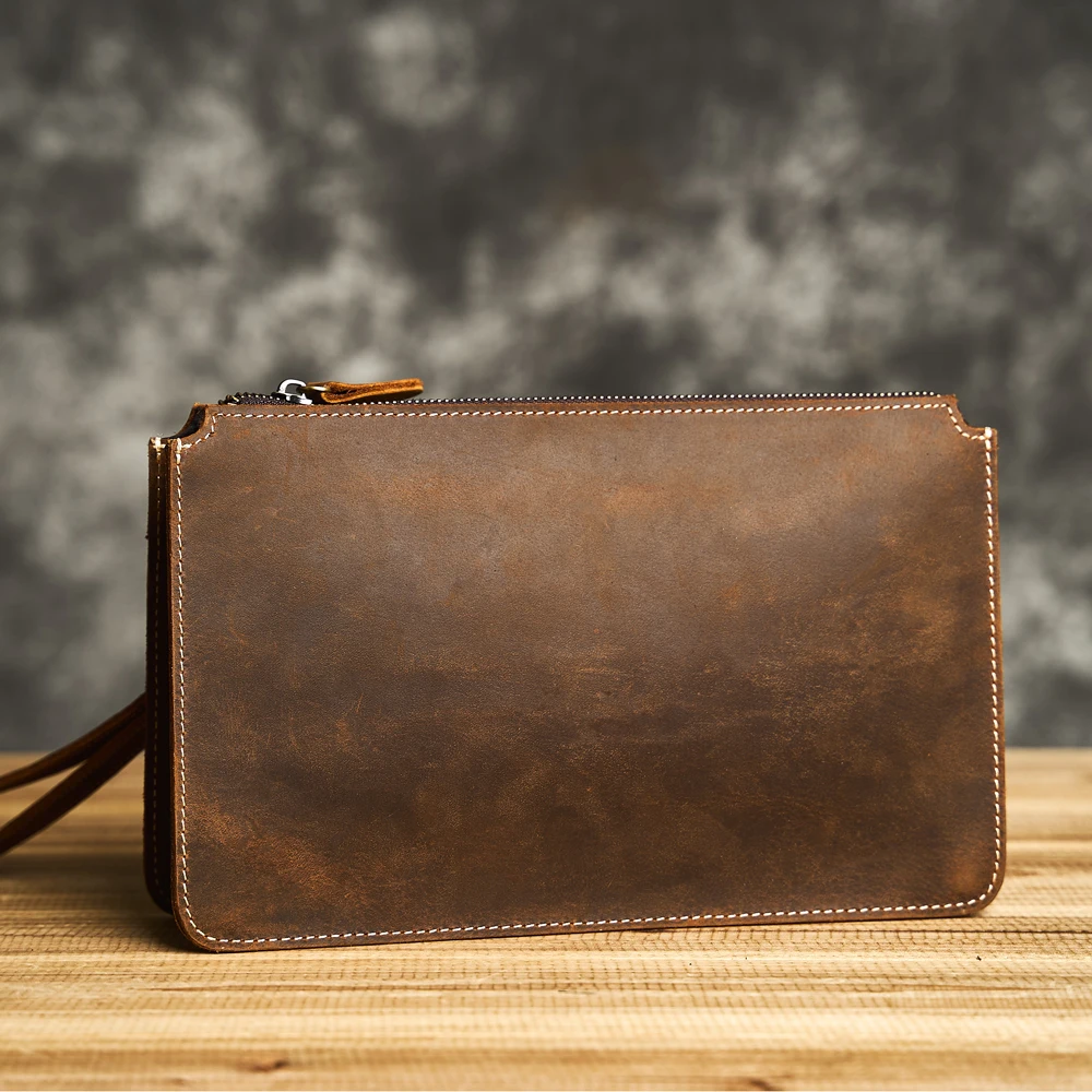 Men\'s Genuine Leather Clutch Bag Top Layer Cowhide Handbag Men\'s Casual Coffe Brown Leather Long Wallet Simple Mobile Phone Bag