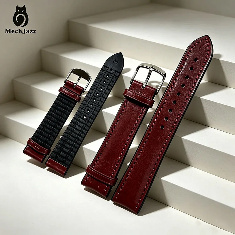 MechJazz 20mm Wine Red Leather Watch Strap Silicone Back Waterproof Men's Replacement Watch Band with Stainless Steel Buckle