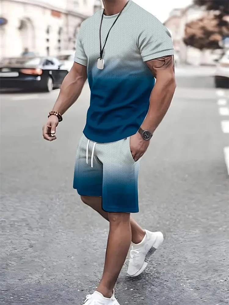 Ropa deportiva para hombre, traje de manga corta degradado, camiseta informal de temperamento, traje de moda, ropa de calle de gran tamaño, novedad de verano, 2024