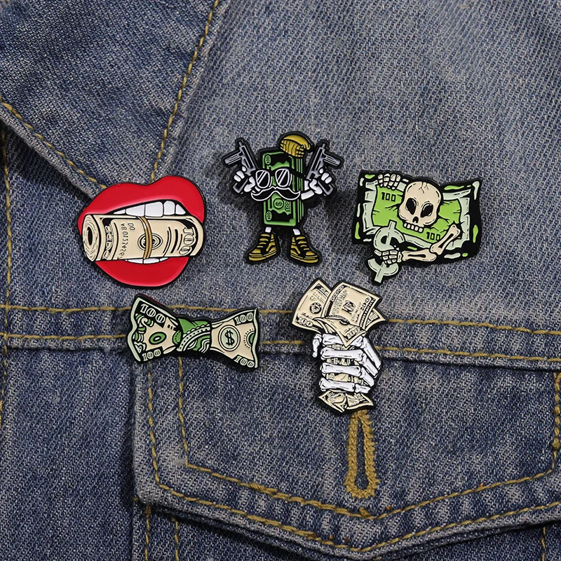 Broches en émail rétro thème dollar, main squelette, lèvres rouges, nœud papillon, billet de banque, personnage de dessin animé, badge, bijou pour sac à dos, cadeau
