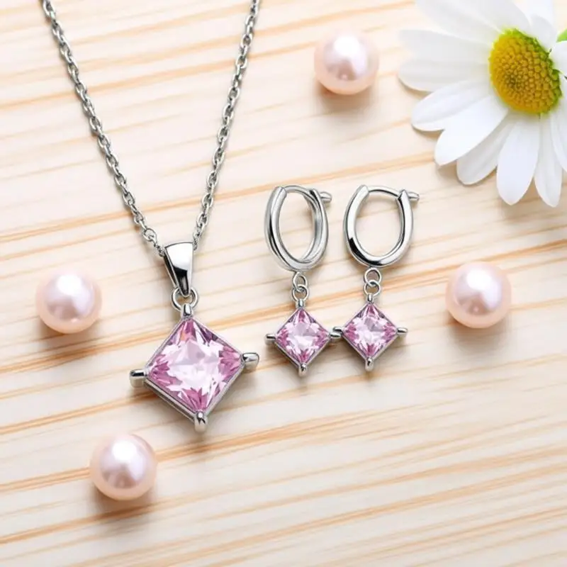Classic 925 Sterling Silver 4 Claws Rhombus Crystal Zircon Necklace Drop Earrings Set for Women Girls Wedding Party Jewelry Gift