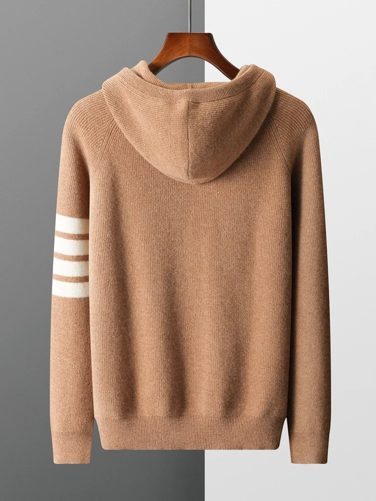 Men Hooded 100% Merino Wool Pullover Knitted Thickened Keep Warm Cashmere Sweater Autumn and Winter New Fashionable Top