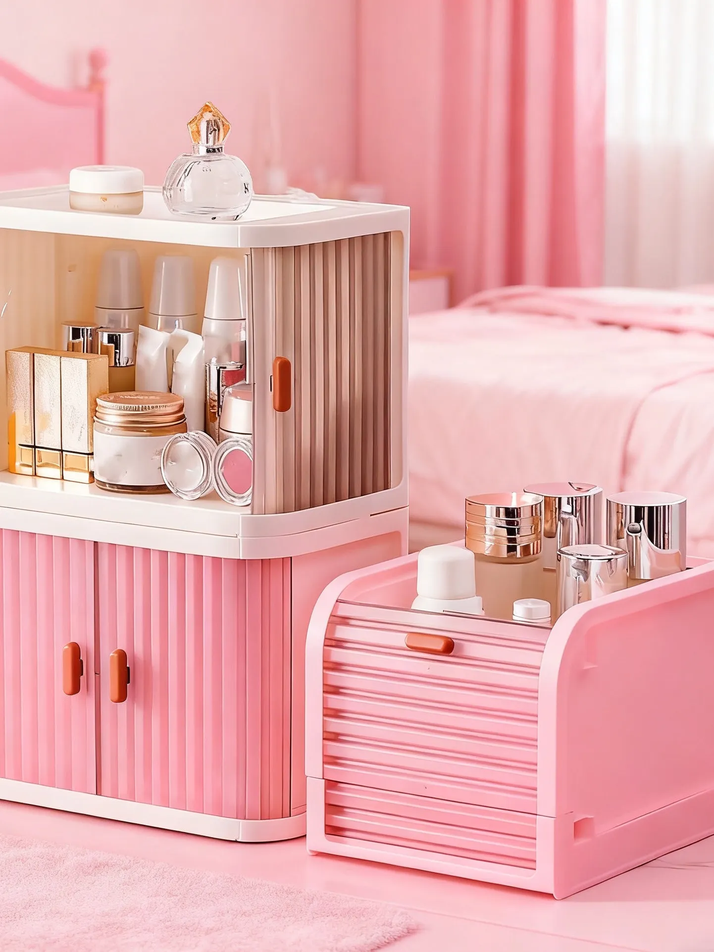 

Большая пластиковая коробка для хранения косметики, розовая, с откидной крышкой, настольный органайзер, необычный и интересный, устойчивый контейнер для хранения
