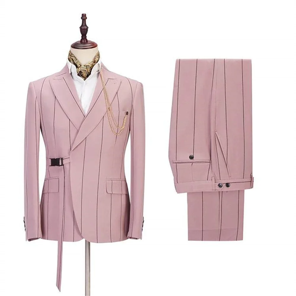 

Casual Suit for Men Pink Wide Stripe Blazer with Belt Costume Homme Fashion Wedding Groom's Party Prom Slim Fit Tuxedo 2 Piece