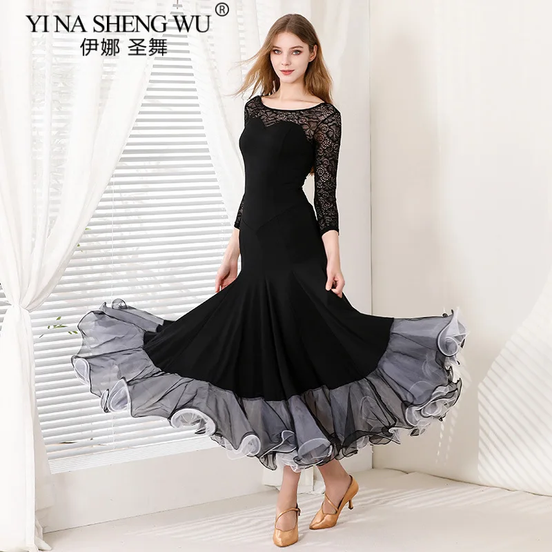 

Lace Long Sleeves Modern Dancing Dress Woman Ballroom Dance Dress Waltz Flamengo Performance Black Big Swing Dress Dance Wear