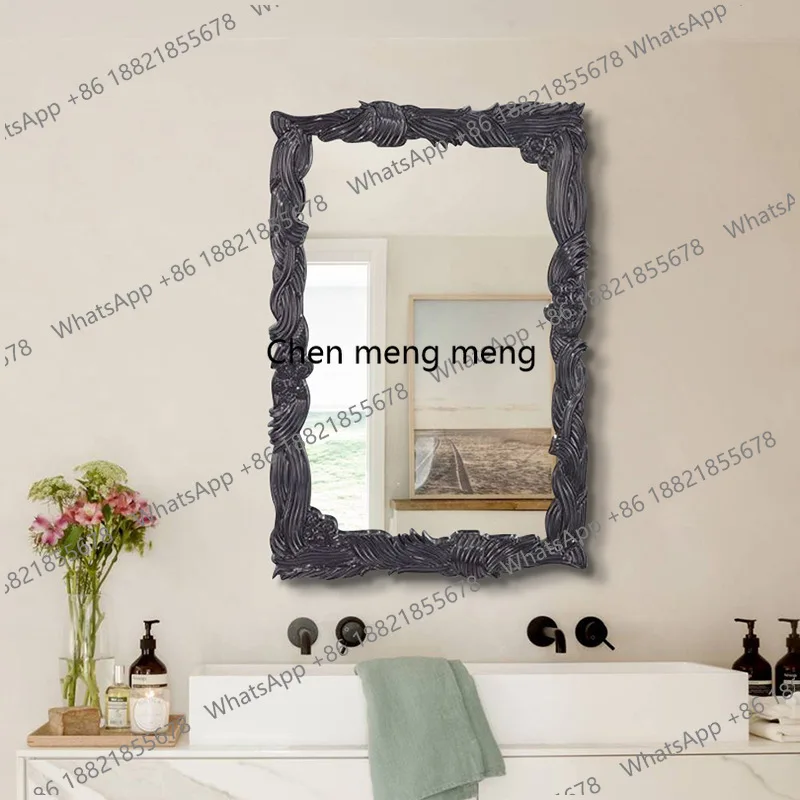 

retro and old carved frame makeup, carved wall-mounted mirror, high-end light luxury bath