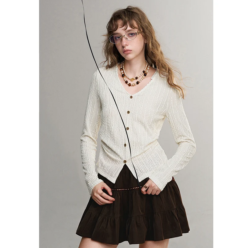 ELFSACK Women's V-Neck Knit Cardigan with Ruffle Trim & Side Ruched, Long Sleeve Slim White Top for Casual Wear