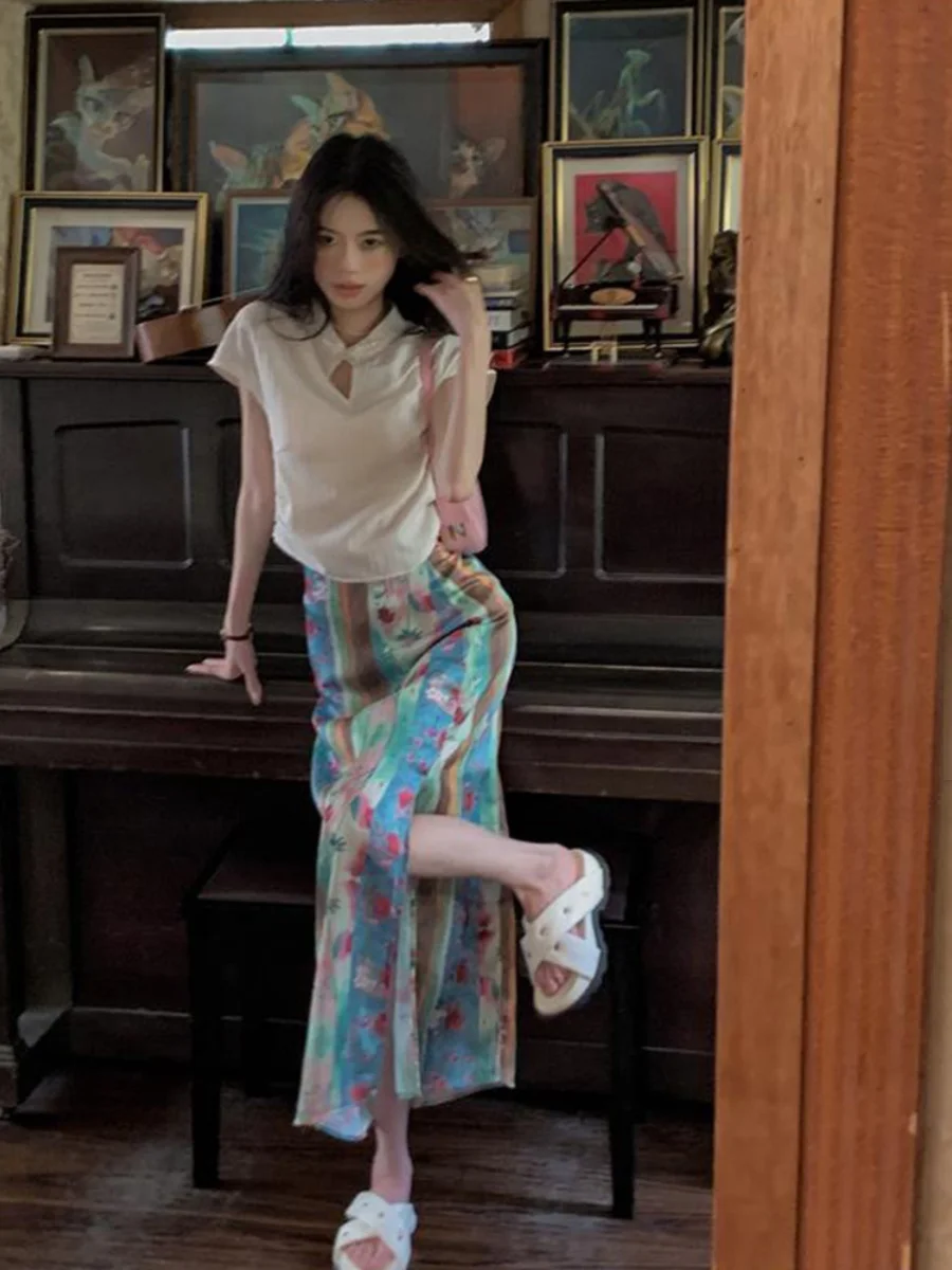 

New Chinese Style Short Shirt Women's Summer New Vintage Print High Waist Half Body Skirt Two Piece Set Fashionable Ensemble