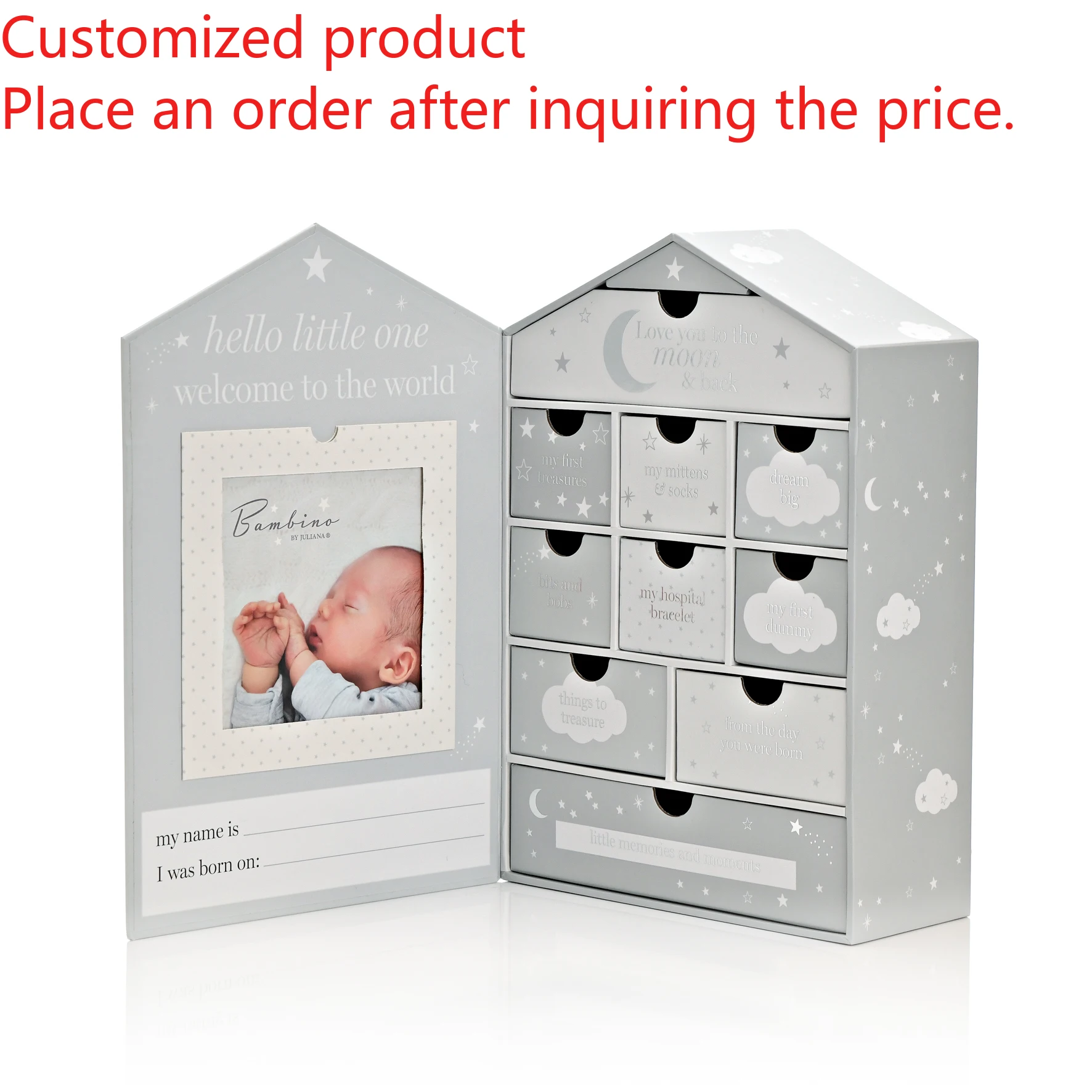 Customized queryHard Paper Newborn Memory  Baby Shower Gift Box  with Drawer Custom Printing Baby Keepsake Calendar Box