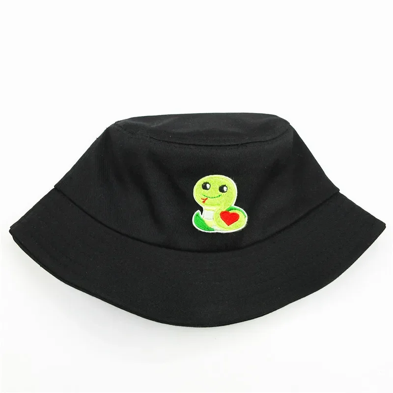 Four Seasons Cartoon Snake Embroidery Cotton Bucket Hat Fisherman Hat Outdoor Travel Hat Sun Cap for Men and Women 322