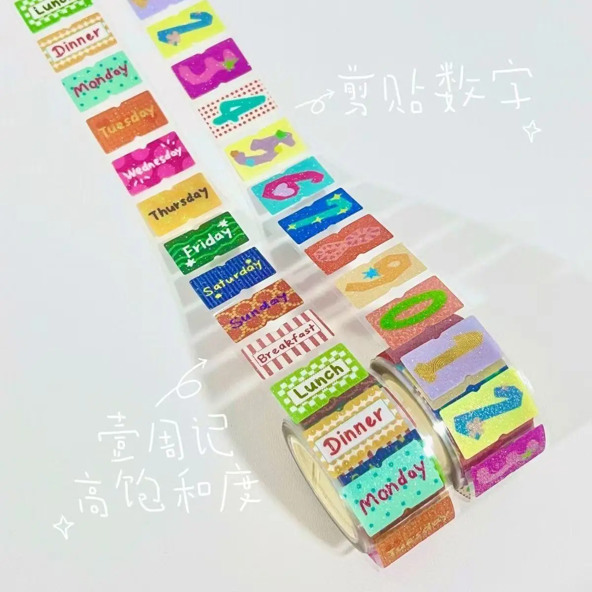 Dopamine Cut-and-paste Digital Flash Sand Labels Roll Roll Stickers Ins Sticky Notes Hand Account Diy Decoration Material Gift