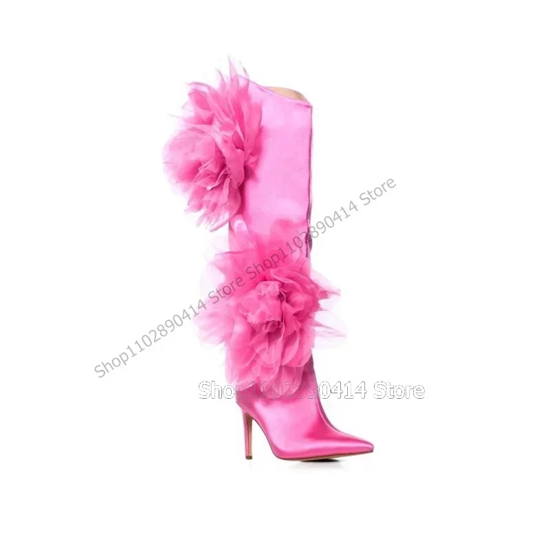 

Rose Red Mesh Appliques Decor Pointed Toe Boots Slip On Women Shoes Thin High Heels Novel Fashion Party 2025 Zapatos Para Mujere