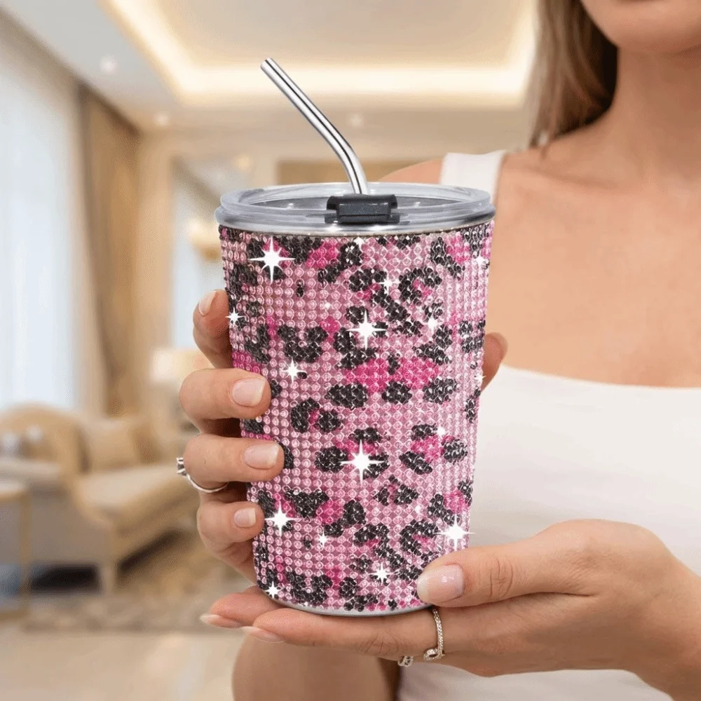 500ml Rhinestone Water Cup Bling Reusable Stainless Steel Water Bottle with Lid Straw Unbreakable Glitter Coffee Mug Office