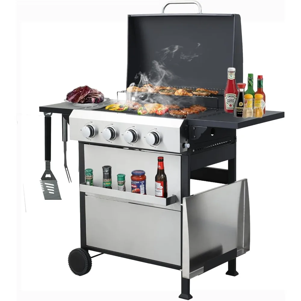 4 Burner Grill, 2 in 1 Propane Gas w/Enameled Cast Iron Grids and Stainless Steel Plancha,Portable Gas Grills Propane, 49200 BTU